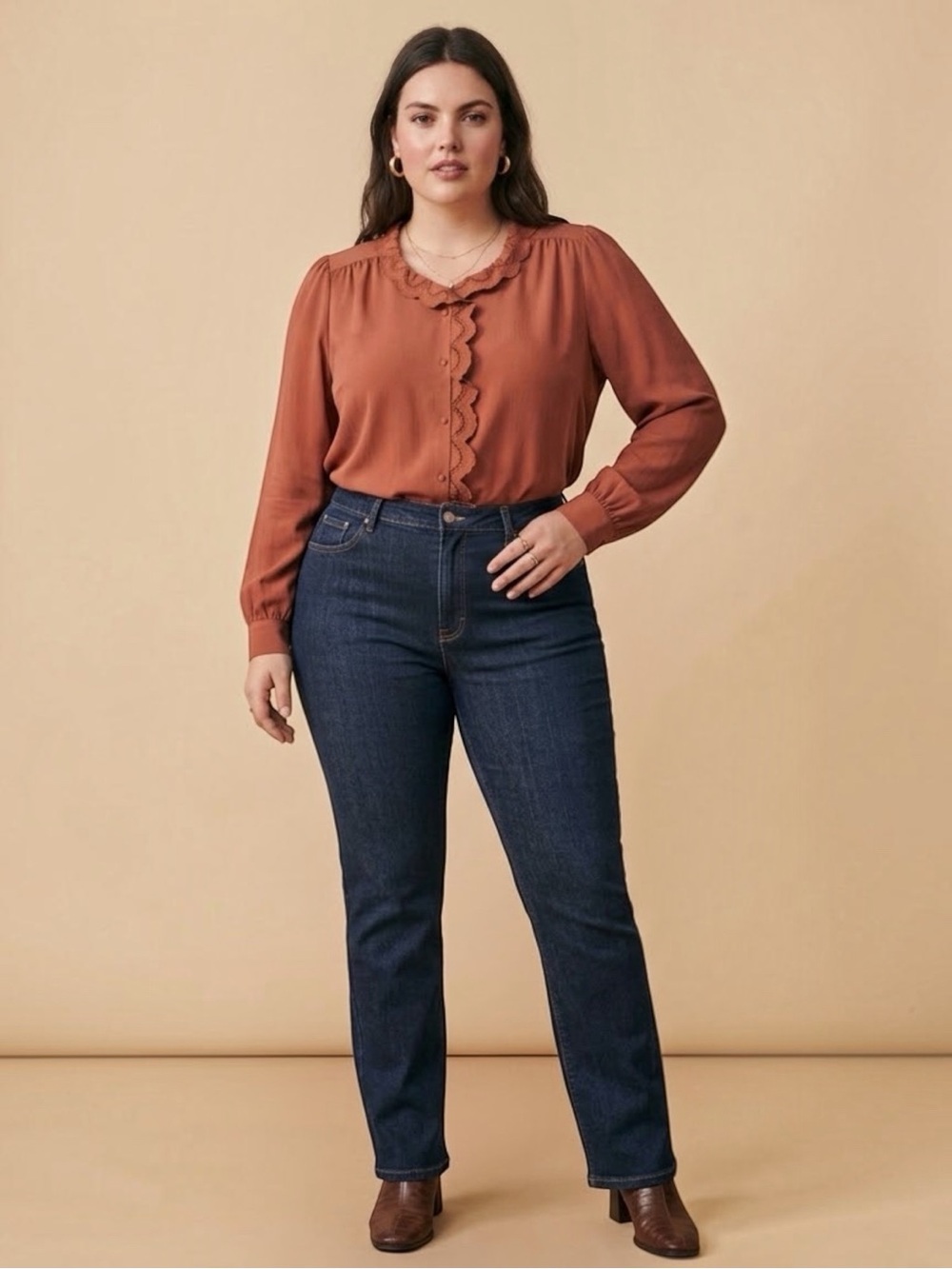 Sézane 100% Silk Terracotta Chlo Lace Collar Button Down Blouse Sz EU 48/ US 16